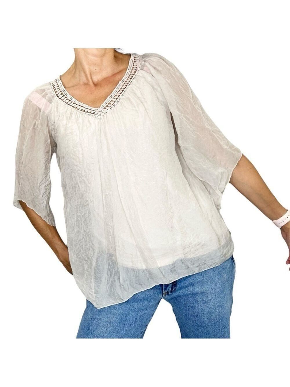 Elena Baldi Italy Italian silk beige 3/4 length flare sleeve flowy top blouse S